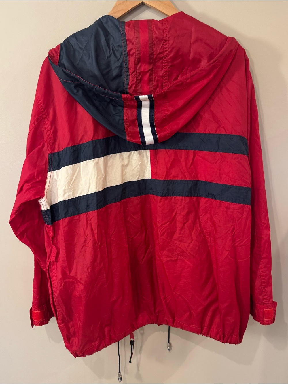 Vintage Tommy Hilfiger Red Hooded Windbreaker with Navy & White Stripes - Picture 3 of 7